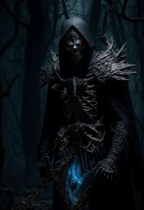 ((best quality)), ((masterpiece)), ((inked)), darkly moody professional photograph by jim lee, night time, ((skeletal)), emaciated, dark twisted haunted corrupted woods, a horrid spectral male lich, ((close up body shot)), evil detailed face, dangling chains, lich king, intricately detailed tattered see through robes of office, black feathered wings, tombstones littered amongst the gnarled leafless trees, jet black bastard sword wreathed in blue spectral flame, burning halo, dark swirling smoke like malevolent energies, ((low hanging volumetric mist))),cinematic Film still from (cannibal holocaust:0.5)|(Scary Stories To Tell In the Dark:0.2)|(doom:0.2)|the void|the lord of the rings