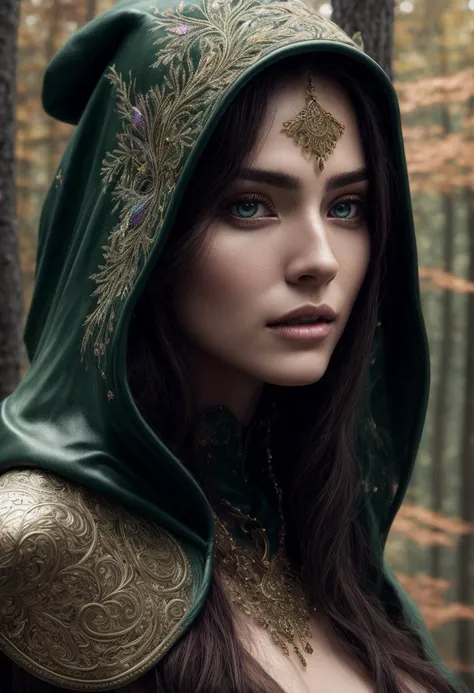 ((best quality)), ((masterpiece)), ((ultra realistic)), (dynamic sexy pose), ((intricate details)), award winning photorealistic soft oil painting trending on artstation, hypnotically beautiful wood elf in a verdant forest, beauty mark, ((wearing skimpy soft leather armor and an intricately embroidered hooded rainbow cloak, autumnal)), mesmerizing eyes, emotive longing expression, sun set, soft edge lighting, highly detailed, ((close up portrait)), professional, 8k, uhd,