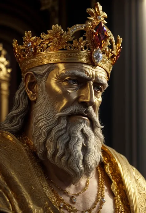 ((best quality)), ((masterpiece)), ((ultra realistic)), ((classical art style)), majestic intricately detailed soft oil painting, close up portrait, Elderly Greek benevolent god king, wrinkled skin, (detailed white beard:1.1), bushy eyebrows, glacial eyes, (wise and kind face:1.2), gentle smile, pristine white robes,( ornate bejeweled shining golden crown:1.3), handsome, white marble pantheon background, highres, depth of field, (deep shadows:1.2), (golden god rays:1.3), high detail, sharp focus, smooth, roughness, real life, backlit, dramatic warm cinematic lighting, reflections, bloom, sparkles, warm vibrant color palette