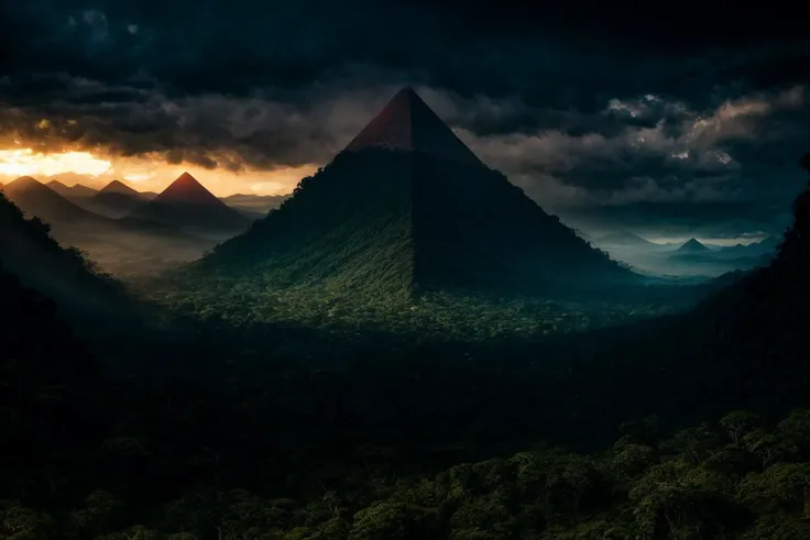 ((best quality)), ((masterpiece)), ((inked)), majestic intricately detailed soft oil painting by jim lee, Majestic vast and beautiful alien fantasy landscape, tropical, great jungle, mountains, vast waterfall, rainbow color palette, (distant sprawling ancient Aztec pyramid in the distance),depth of field, film grain, smooth, roughness, real life, dramatic cinematic lighting, soft edge lighting, (bloom:1.2), (vibrant colors:1.3), photographed on a Canon EOS R5, 50mm lens, F/2.8, HDR, professional, dramatic cinematic lighting, cinematic Film still from the lord of the rings|krull|cannibal holocaust, (dark fantasy style:1.5)