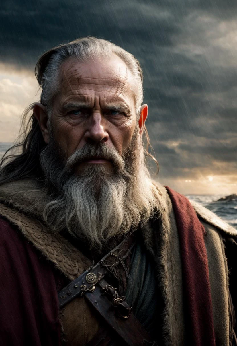 ((best quality)), ((masterpiece)), ((inked)), majestic intricately detailed soft oil painting by jim lee, 1man, (close up portrait:1.1), an old grizzled medieval warrior, elderly war weary grandfather, warpaint, muscular, gray bearded, shaved head, topknot, wet fur armor, weary eyes, cuts scrapes and grazes, (dramatic rain drenched fyords, ocean channel, rocky hills:1.2), sun set, somber, (backlit:1.3), highres, depth of field, (deep shadows:1.2), high detail, sharp focus, smooth, roughness, photographed on a Canon EOS R5, 50mm lens, F/2.8, HDR, real life, backlit, photorealism, photography, cinematic Film still from the lord of the rings|god of war|Wrath of the Titans|the lighthouse