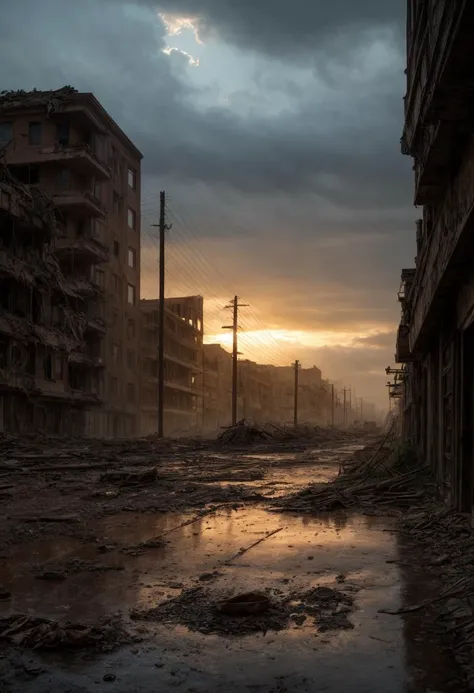 ((best quality)), ((masterpiece)), ((inked)), majestic intricately detailed soft oil painting by jim lee, (landscape shote of a post apocalyptic ruined rainy city:1.2),dusty crumbling rubble, desolate, scorching sun, sun set, somber, (backlit:1.3), highres, depth of field, (deep shadows:1.2), high detail, sharp focus, smooth, roughness, real life, backlit, photorealism, photography, cinematic Film still from the void|the walking dead