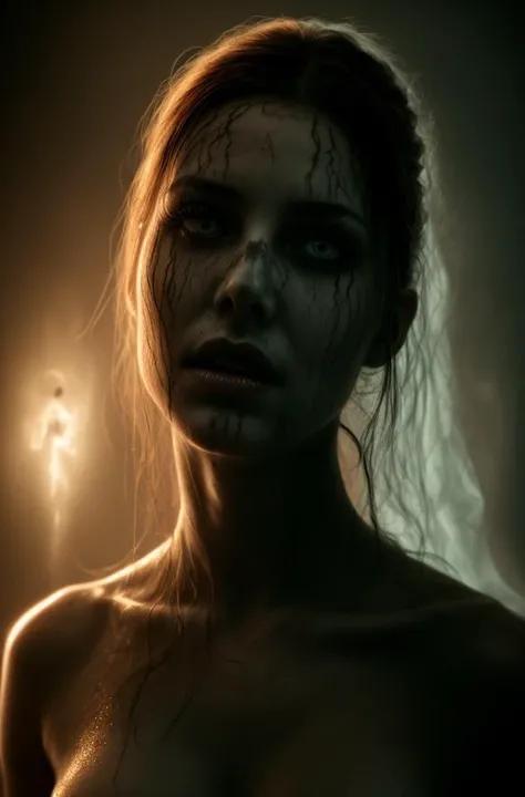 ((best quality)), ((masterpiece)), ((ultra realistic)), a sexy scary female (ghostly apparition:1.4), ((dread)), (realistic skin texture, highly detailed face, ((fiery glowing eyes))), high quality, , masterpiece, absurdres, artistic erotica, horror porn theme, cinematic film still of silent hill