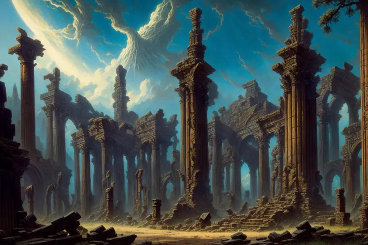 Masterpiece, retro fantasy, by Frank Frazetta, by Gerald Brom, retro fantasy artwork of a ruined temple of light, defiled temple ruins, dead trees, coulded skies, intricate details, uhd, 4k, hdr,