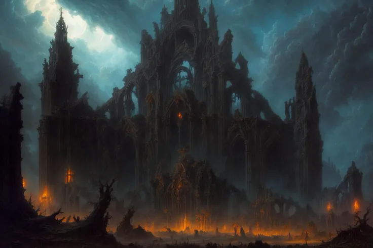 Masterpiece, retro fantasy, dark fantasy, by Frank Frazetta, by Gerald Brom, retro fantasy artwork of a ruined temple of light, defiled cathedral ruins, grimdark, dead trees, clouded skies, intricate details, uhd, 4k, hdr,