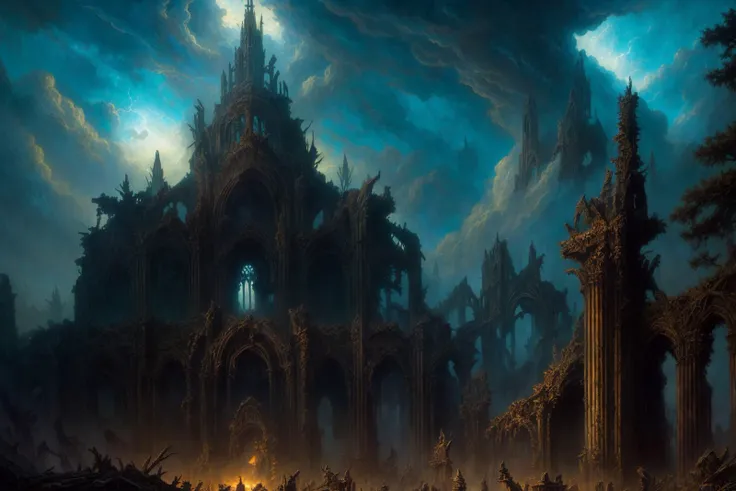 Masterpiece, retro fantasy, dark fantasy, by Frank Frazetta, by Gerald Brom, retro fantasy artwork of a ruined temple of light, defiled cathedral ruins, grimdark, dead trees, clouded skies, intricate details, uhd, 4k, hdr,