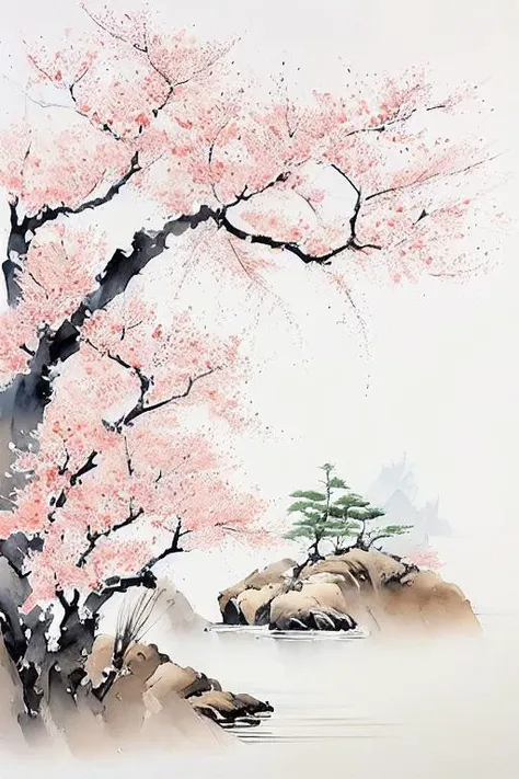 <lora:ink and wash1.5v1:1> ink and wash, torii, cherry blossoms