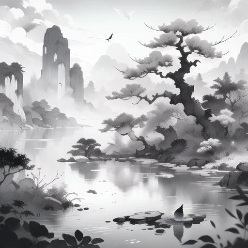 <lora:ink and wash1.5v1:1>ink and wash, no humans, tree, monochrome, greyscale, scenery, white background, outdoors, nature, branch, bird