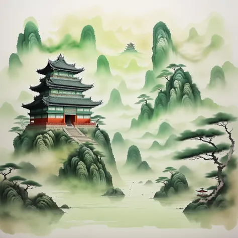 <lora:ink and wash1.5v1:1> ink and wash temple, green theme
