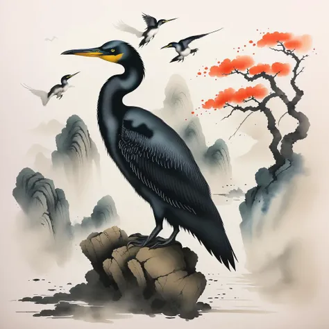 <lora:ink and wash1.5v1:1> ink and wash cormorant