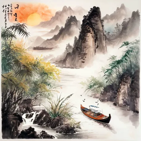 <lora:Ath_ink-painting_XL:1>,ink-painting,ink anf wash,painting \(medium\),traditionalmedia,watercolor\(medium\),scenery,mountain,waterfall,tree,sunset, long river,boat,aerial view,very wide shot, wide shot, (masterpiece, best quality, high quality, highres, ultra-detailed),