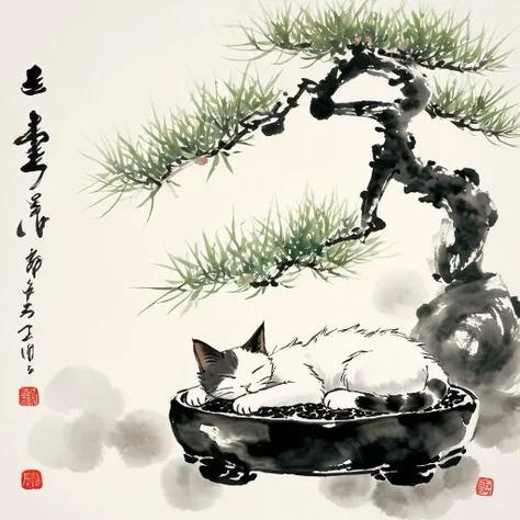 <lora:Ath_ink-painting_XL:1>,ink-painting,ink anf wash,painting \(medium\),traditionalmedia,watercolor\(medium\),A bonsai like tree with a cat sleeping under it, (masterpiece, best quality, high quality, highres, ultra-detailed),