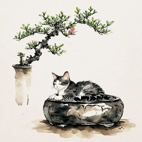 <lora:Ath_ink-painting_XL:1>,ink-painting,ink anf wash,painting \(medium\),traditionalmedia,watercolor\(medium\),A bonsai like tree with a cat sleeping under it,<lora:MinTattooXL-000034>, drawing of a minimalist tattoo,, (masterpiece, best quality, high quality, highres, ultra-detailed),