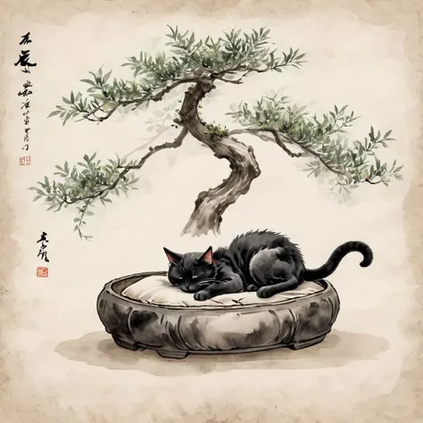 <lora:Ath_ink-painting_XL:1>,ink-painting,ink anf wash,painting \(medium\),traditionalmedia,watercolor\(medium\),A bonsai like tree with a cat sleeping under it,<lora:ParchartXL-2.0:0.8>, on parchment,, (masterpiece, best quality, high quality, highres, ultra-detailed),