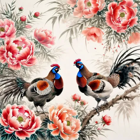 <lora:Ath_ink-painting_XL:1>,ink-painting,ink anf wash,painting \(medium\),traditionalmedia,watercolor\(medium\),Two beautiful pheasants stroll under the blooming peonies, (masterpiece, best quality, high quality, highres, ultra-detailed),