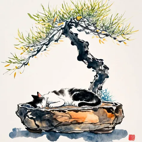 <lora:Ath_ink-painting_XL:1>,ink-painting,ink anf wash,painting \(medium\),traditionalmedia,watercolor\(medium\),A bonsai like tree with a cat sleeping under it,<lora:linquivera:0.8>, linquivera,liiv1,, (masterpiece, best quality, high quality, highres, ultra-detailed),