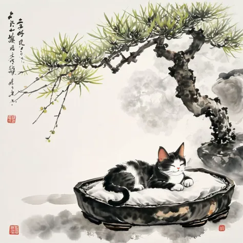 <lora:Ath_ink-painting_XL:1>,ink-painting,ink anf wash,painting \(medium\),traditionalmedia,watercolor\(medium\),A bonsai like tree with a cat sleeping under it, (masterpiece, best quality, high quality, highres, ultra-detailed),