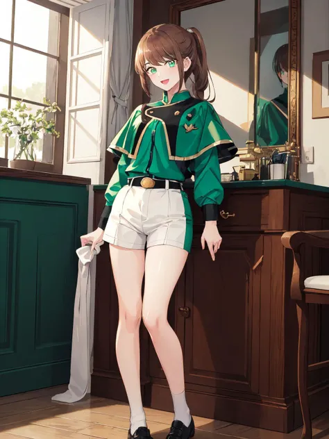 (masterpiece:1.1), (high resolusion:1.2), (illustration:1.05), (ultra detailed 8k art:1.05), (finely detailed beautiful eyes), perfect face, bright pupils, rous skin, <lora:Sena40-10:0.8> hayami_sena ,green eyes,green shirt , black_belt, green_capelet, green_jacket, white_shorts,, long sleeves, fullbody, blushed, looking at viewer, :D standing ,