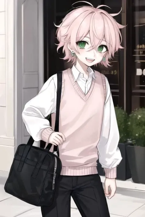 1boy, light pink hair, tsurime, narrowed eyes, pixie cut, hair between eyes, earrings, long sleeves, male focus, solo, green eyes, smile, teeth, sweater vest, pants, sketch, <lora:sketch_style:1>