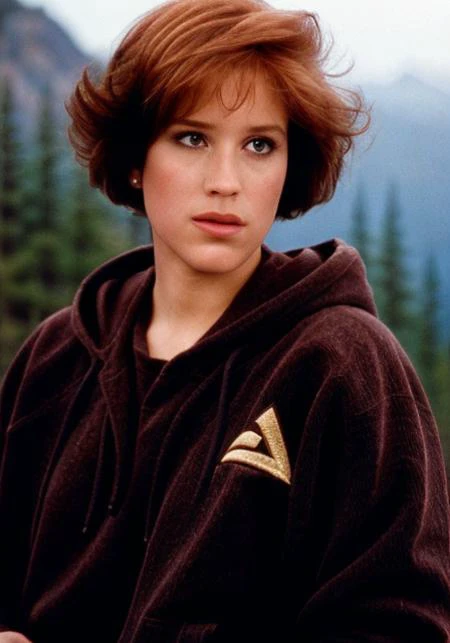 mllrngwld, (sharp focus:1.2), shoulder length brown hair, portrait, attractive young woman, wearing (80s hoodie:1.2) in front of (a mountain:1.2), depth of field, bokeh, 4K, HDR. by (James C. Christensen:1.2|Jeremy Lipking:1.1)