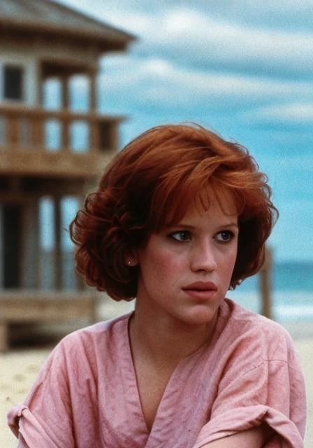 mllrngwld, (sharp focus:1.2), shoulder length brown hair, photo, attractive young woman, shoulder length orange hair, wearing (80s pink shirt:1.2) on a (beach:1.2). (moody lighting:1.2), depth of field, bokeh, 4K, HDR. by (James C. Christensen:1.2|Jeremy Lipking:1.1)
