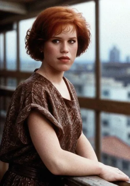 mllrngwld, (sharp focus:1.2), shoulder length brown hair, photo, attractive young woman, shoulder length orange hair, wearing (80s dress:1.2) on a (balcony:1.2). (moody lighting:1.2), depth of field, bokeh, 4K, HDR. by (James C. Christensen:1.2|Jeremy Lipking:1.1)