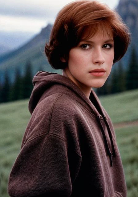 mllrngwld, (sharp focus:1.2), shoulder length brown hair, portrait, attractive young woman, wearing (80s hoodie:1.2) in front of (a mountain:1.2), depth of field, bokeh, 4K, HDR. by (James C. Christensen:1.2|Jeremy Lipking:1.1)