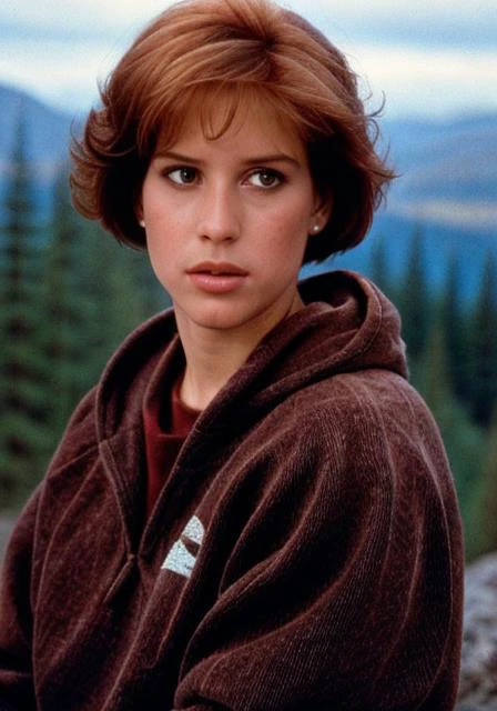 mllrngwld, (sharp focus:1.2), shoulder length brown hair, portrait, attractive young woman, wearing (80s hoodie:1.2) in front of (a mountain:1.2), depth of field, bokeh, 4K, HDR. by (James C. Christensen:1.2|Jeremy Lipking:1.1)