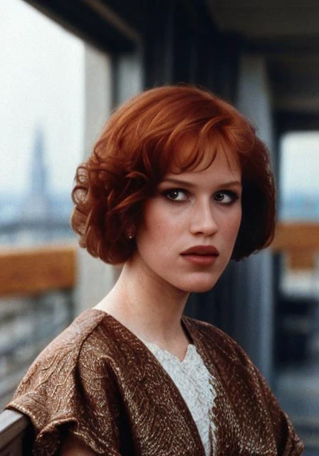mllrngwld, (sharp focus:1.2), shoulder length brown hair, photo, attractive young woman, shoulder length orange hair, wearing (80s dress:1.2) on a (balcony:1.2). (moody lighting:1.2), depth of field, bokeh, 4K, HDR. by (James C. Christensen:1.2|Jeremy Lipking:1.1)