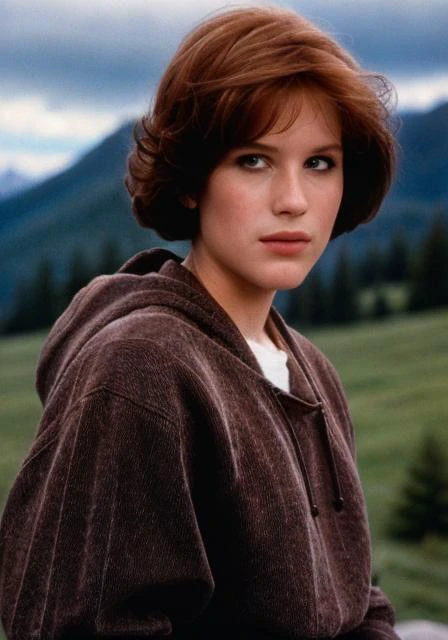 mllrngwld, (sharp focus:1.2), shoulder length brown hair, portrait, attractive young woman, wearing (80s hoodie:1.2) in front of (a mountain:1.2), depth of field, bokeh, 4K, HDR. by (James C. Christensen:1.2|Jeremy Lipking:1.1)
