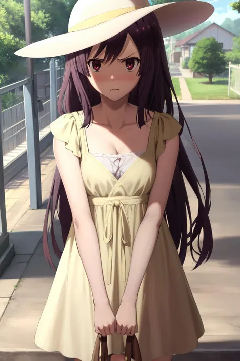 natsume, 1girl, summer-dress, looking at viewer, (((pout, annoyed,))) sun hat,     <lora:TokyoRavens-000015:1>, , highres, absurdres,