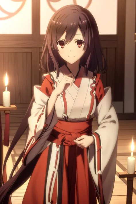 natsume, onmyouji-outfit, 1girl, smile, candle, indoors, looking at viewer, <lora:TokyoRavens-000015:1>, , highres, absurdres,