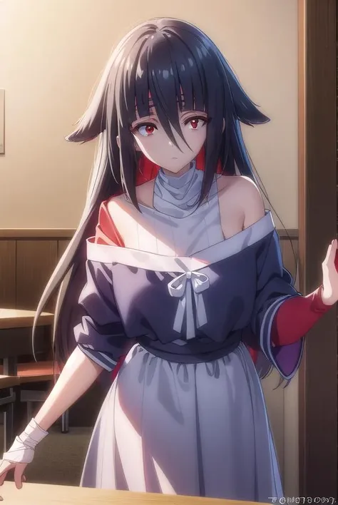 taeyamada, <lora:tae yamada s2-lora-nochekaiser:1>,
tae yamada, lack hair, hair between eyes, long hair, (red eyes:1.5), sidelocks,
BREAK bandaged chest, bandaged head, bandages, black dress, dress, off shoulder,
BREAK indoors, classroom,
BREAK looking at viewer, (cowboy shot:1.5),
BREAK <lyco:GoodHands-beta2:1>, (masterpiece:1.2), best quality, high resolution, unity 8k wallpaper, (illustration:0.8), (beautiful detailed eyes:1.6), extremely detailed face, perfect lighting, extremely detailed CG, (perfect hands, perfect anatomy),