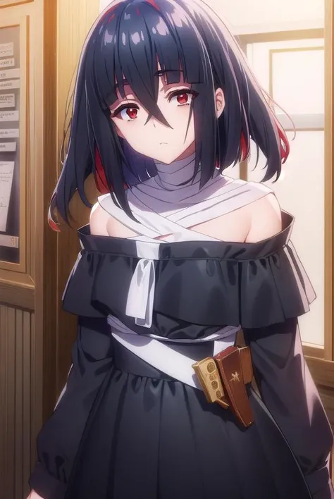 taeyamada, <lora:tae yamada s2-lora-nochekaiser:1>,
tae yamada, lack hair, hair between eyes, long hair, (red eyes:1.5), sidelocks,
BREAK bandaged chest, bandaged head, bandages, black dress, dress, off shoulder,
BREAK indoors, classroom,
BREAK looking at viewer, (cowboy shot:1.5),
BREAK <lyco:GoodHands-beta2:1>, (masterpiece:1.2), best quality, high resolution, unity 8k wallpaper, (illustration:0.8), (beautiful detailed eyes:1.6), extremely detailed face, perfect lighting, extremely detailed CG, (perfect hands, perfect anatomy),