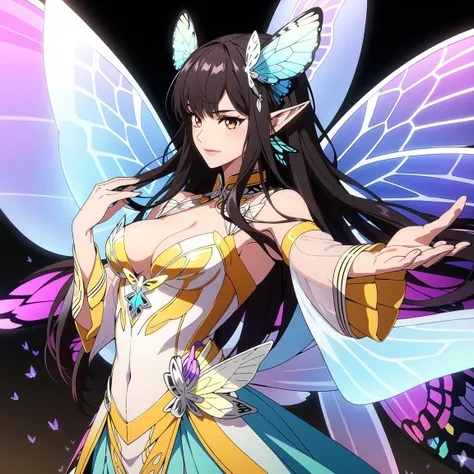 1girl,Butterflies on the Head,antennae,blue butterfly,blue wings,blurry,blurry background,brown hair,butterfly,butterfly hair ornament,butterfly on hand,butterfly wings,cleavage,fairy,fairy wings,flower,flying,glowing butterfly,glowing wings,green wings,hair ornament,ice wings,insect wings,lips,long hair,medium breasts,motion blur,multicolored wings,nature,pink wings,pointy ears,purple wings,solo,transparent wings,white butterfly,white wings,wings,yellow butterfly,yellow wings,Dawn Elf,dawn,glow,Glowing wings,Dress,Multiple butterflies,Glowing Butterfly,Super large wings,