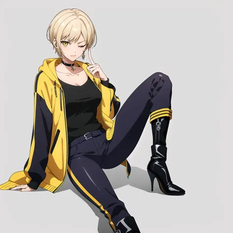 1girl,alternate_costume,bangs,black_choker,black_footwear,black_pants,blonde_hair,boots,braid,breasts,choker,collarbone,earrings,grey_background,high_heel_boots,high_heels,index_finger_raised,jacket,jewelry,kirisame_marisa,looking_at_viewer,medium_breasts,one_eye_closed,pants,shirt,short_hair,sitting,solo,yellow_eyes,