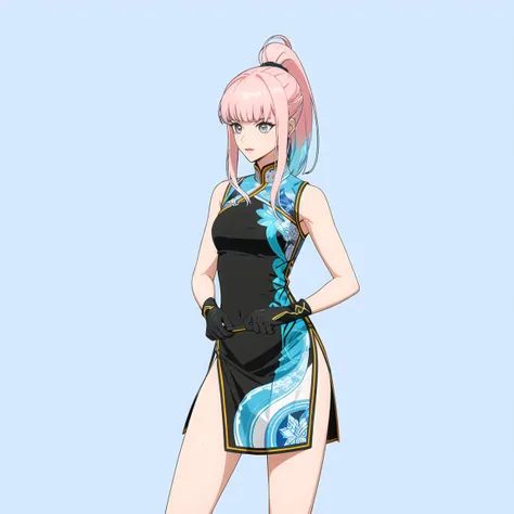 transparent color PVC clothing,1girl,multicolored hair,blue hair,pink hair,cowboy shot,standing,blue background,china dress,ponytail, blunt bangs, 
<lora:a (3):1:lbw=1,0,0,0,0,0,0,0.5,0.2,1,1,1,1,1,1,1,1>,<lora:fat10kg_mix_style:0.7:lbw=MIDD>,