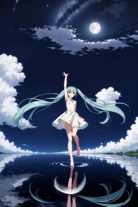 1girl, hatsune miku, long hair, very long hair, solo, absurdly long hair, dress, twintails, moon, barefoot, sky, white dress, star (sky), cloud, arm up, full moon, night, standing, night sky, water, starry sky, wide shot, standing on liquid, reflection, standing on one leg, full body, aqua hair, outdoors, hair ornament, tiptoes