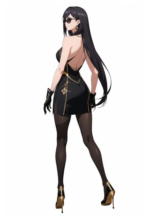 (best quality),((masterpiece)),(highers),original,extremely detailed CG unity 8k wallpaper,
1girl,solo,long hair,high heels,pantyhose,gloves,earrings,white background,simple background,full body,looking at viewer,standing,sunglasses,black pantyhose,sheathed,backless dress,very long hair,