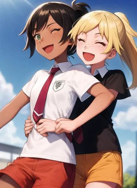 <lora:tomas21:0.8> long hair, blush, smile, open mouth, multiple girls, brown hair, shirt, black hair, 2girls, school uniform, green eyes, closed eyes, white shirt, ponytail, braid, short sleeves, :d, multicolored hair, outdoors, one eye closed, green hair, necktie, shorts, day, tongue, collared shirt, dark skin, yuri, dark-skinned female, streaked hair, hug, ;d, freckles, hug from behind, orange necktie, orange shorts