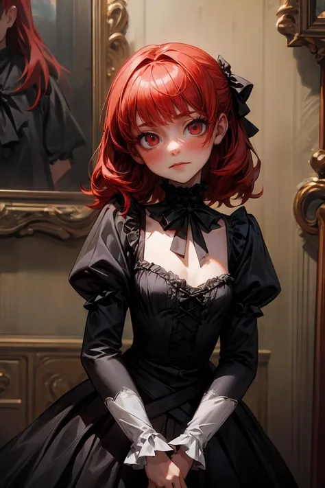 (masterpiece, best quality), 1girl, red hair, medium chest, gothic frill dress, pervert face, <lora:add_detail:1>