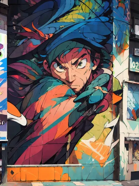 anime guy, 1guy, main character, aesthetic, Album Cover, (Highly-Detailed-Eyes) Side Profile, Looking to the side, edgy, multicolored hair, 2 toned hair, gradient hair, rings, necklace, bracelets, coat, baggy pants, tall, mature, older, short hair, (masterpiece), (Best Quality:1.1),(Ultra-detailed),Best Illustration,finely , detail, ,Clear,4K, raytracing, clear, realistic, streaks across the background, graffiti, evil smirk, beautiful eyes, armpit