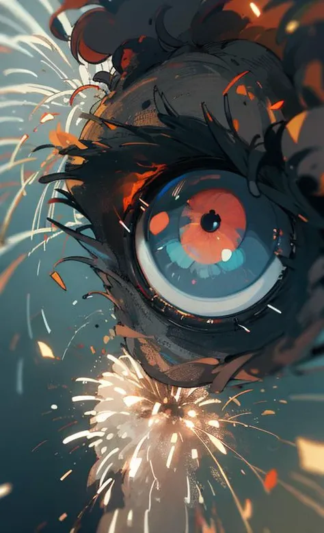 extreme eye close-up, pupil, sparks, burning, depth of field, embers, explosion, fire, fireworks, flame, realistic, solo