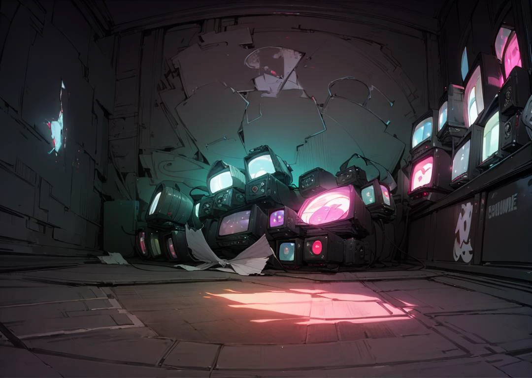 (masterpiece, best quality), (wide angle view:1.3, fisheye:1.5), studio room, cluttered space, (neon_pop style art:1.2, cinematic lighting:1.2), green, blue, (astraaligraffiti, graffiti wall:1.2), <lora:add_detail:0.6> <lora:Astraali_GRAFFITI:1>, monitor stack, <lora:Monitors:1.3>