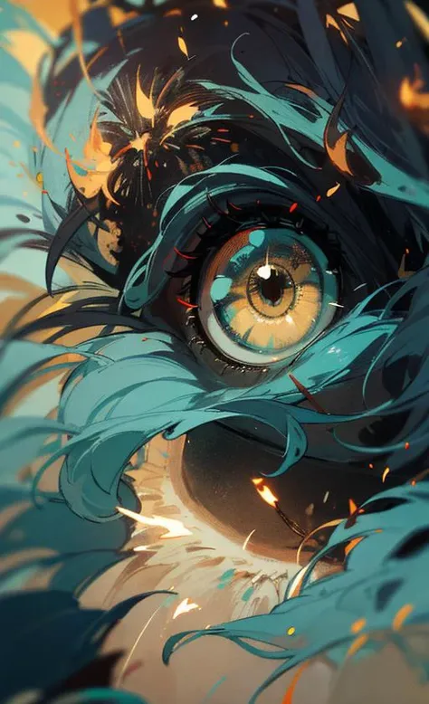 extreme eye close-up, pupil, sparks, burning, depth of field, embers, explosion, fire, fireworks, flame, realistic, solo,
(yellow theme:1.3), (aqua theme:1.3), 
 <lora:add_detail:0.6>