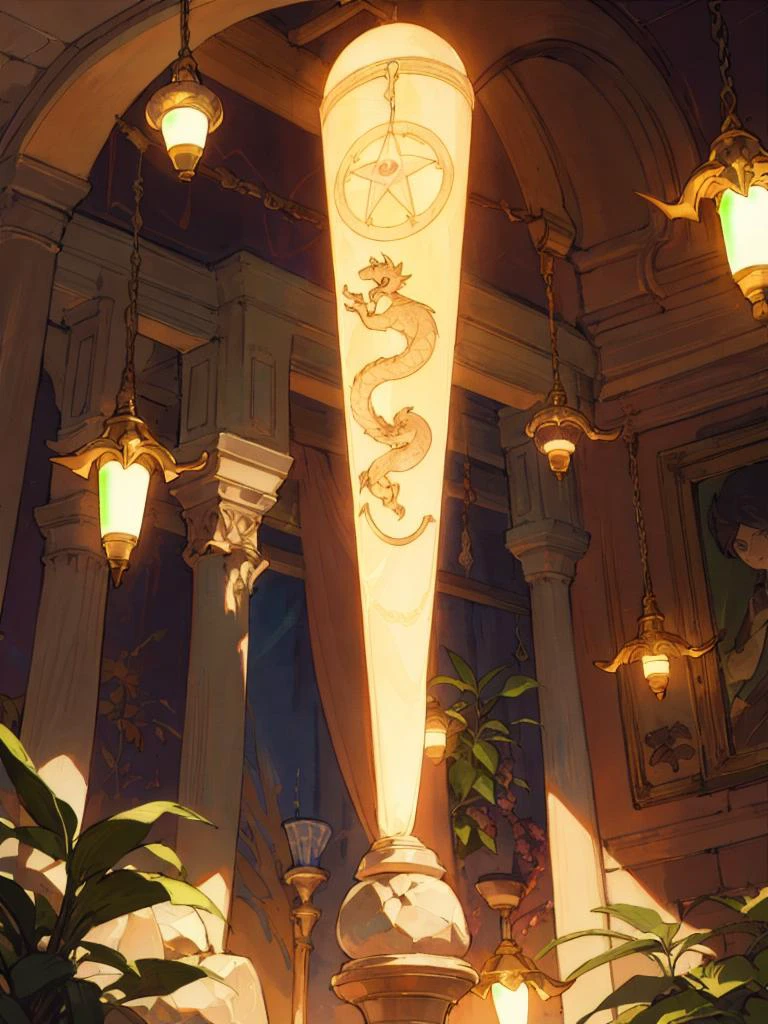 Heroine, dragon oracle's lair, indoor plants,time-turner, triangular tapestry tapestry,breccia stone, halogen bulbs, task lighting,fantasy