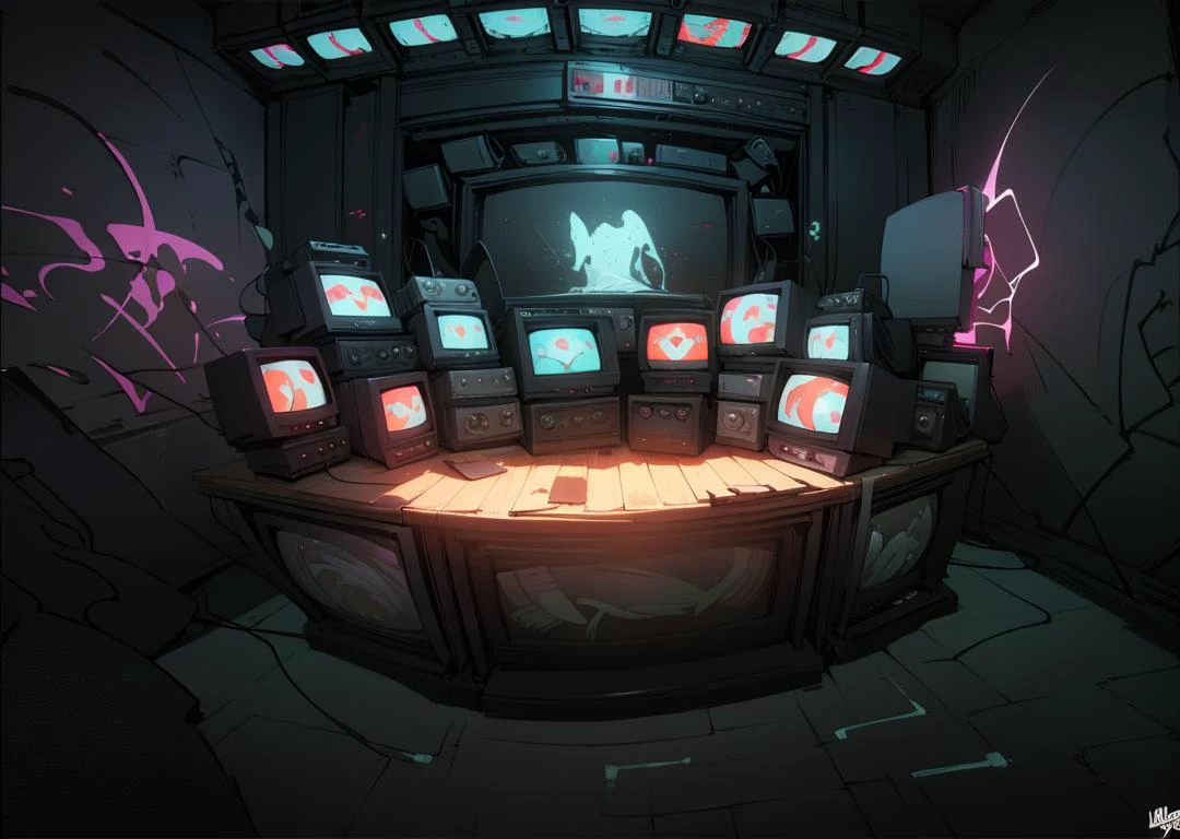(masterpiece, best quality), (wide angle view:1.3, fisheye:1.3), studio room with graffiti wall on the side, cluttered space, (neon_pop style art:1.2, cinematic lighting), green, (astraaligraffiti:1.2, graffiti wall:1.2), monitor stack, <lora:Monitors:1.2>, <lora:Astraali_GRAFFITI:1>,