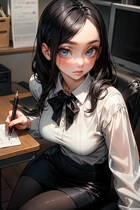 (masterpiece, best quality), a young black haired girl office secretary dressed in a transparent white blouse and black office skirt and black pantyhose ,sitting in an office chair, holding pencil, (detailed skin:1.3),(detailed eyes), (sharp focus), <lora:add_detail:1>