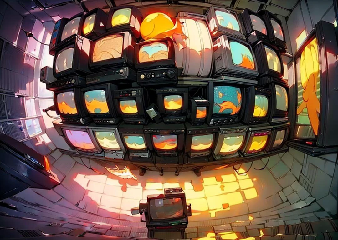 (masterpiece, best quality), (from above:1.3, fisheye:1.5), studio room, cluttered space, (neon_pop style art:1.3), graffiti background, (astraaligraffiti, graffiti wall:1.4) <lora:add_detail:0.6> <lora:Astraali_GRAFFITI:1.4>, ((screen wall, monitor stack, display pyramid)), <lora:Monitors:1.3>, (orange:1.3),