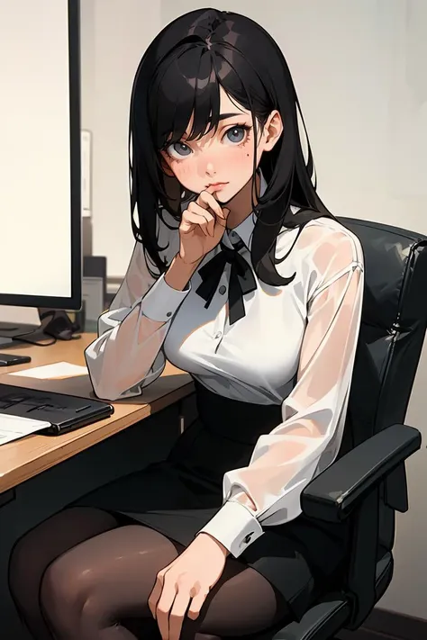 (masterpiece, best quality), a young black haired girl office secretary dressed in a transparent white blouse and black office skirt and black pantyhose ,sitting in an office chair, holding pencil, (detailed skin:1.3),(detailed eyes), (sharp focus),